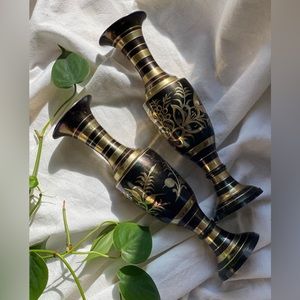 Vintage Etched Black & Brass Vases, 10” floral design decorative vases